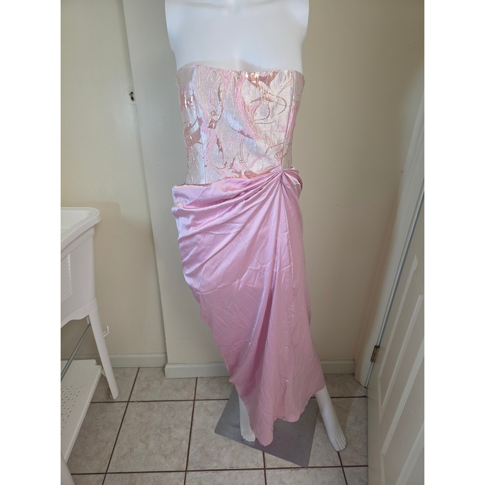 Micas Pink Metallic Brocade Strapless Draped Satin Maxi Dress Small NWT